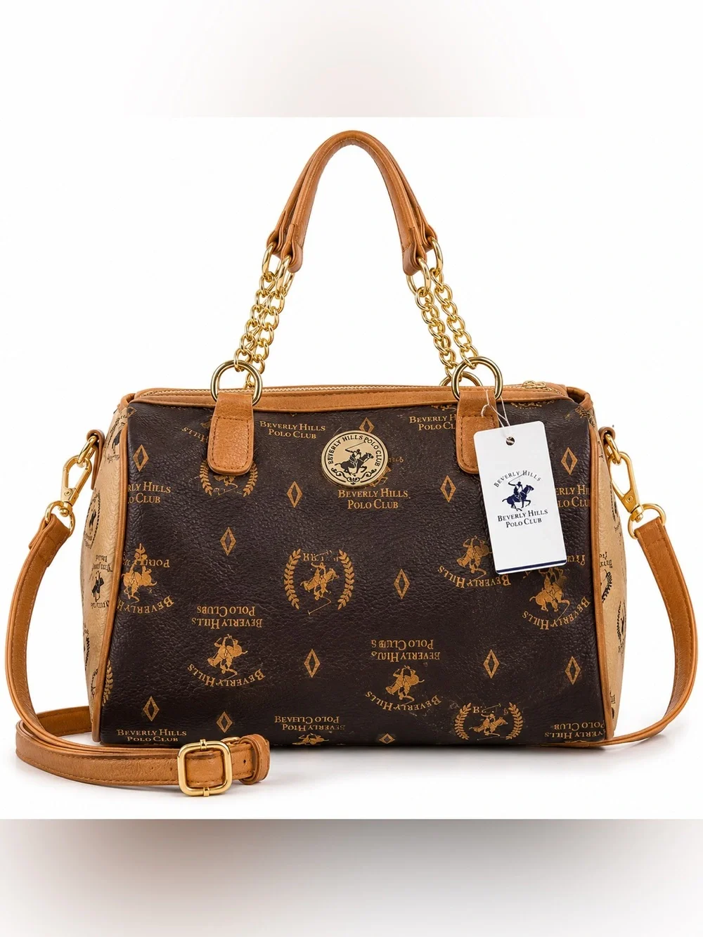 NWT Beverly Hills Polo Club Brown Monogram Satchel Crossbody Handbag